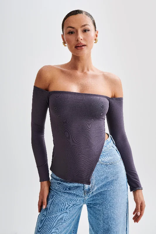 Carmen Recycled Nylon Off Shoulder Top - Charcoal