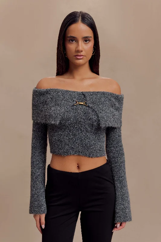 Baxter Off Shoulder Fluffy Knit Top - Charcoal Casual Women's Loose - fitting