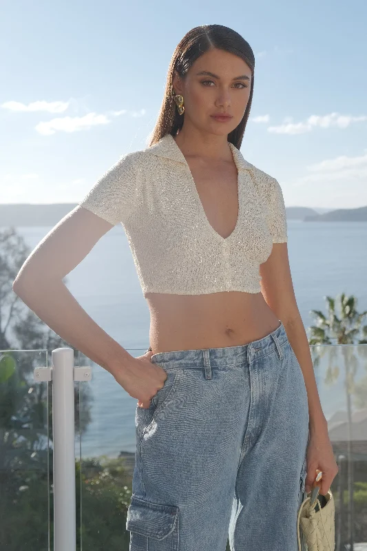 Huntley Sequin Knit Crop Top - Lemon Monochromatic Office Style