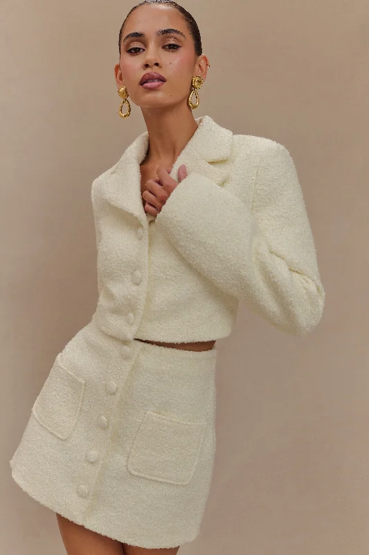 Mirelle Textured Boucle Cropped Long Sleeve Top - Ivory Elegant Women's 