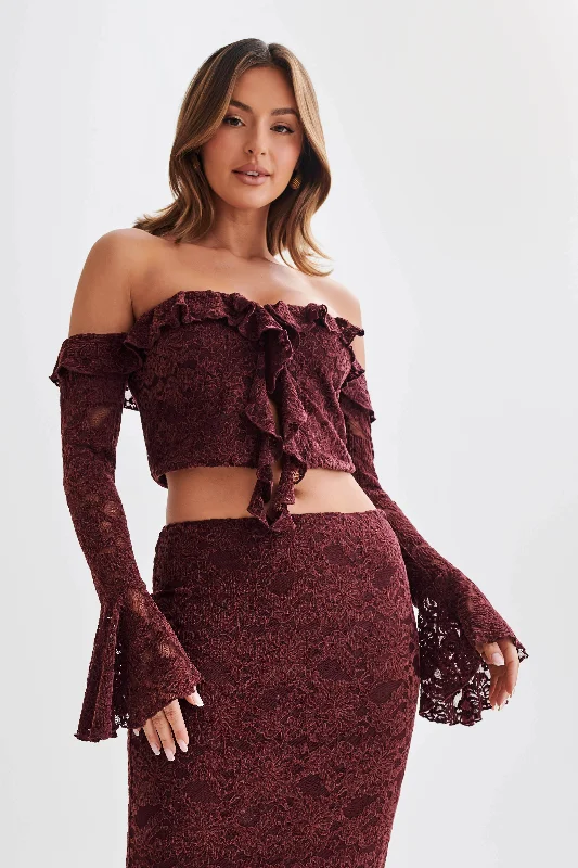 Artemis Lace Plisse Off Shoulder Top - Plum Luxurious Women's High -  end