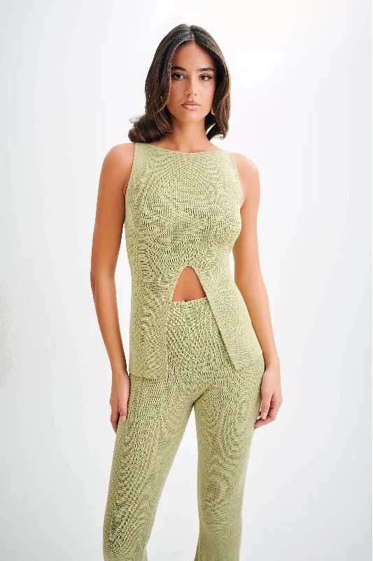 Ridley Knit Tank Top With Split - Pastel Green Feminine Women's Style 