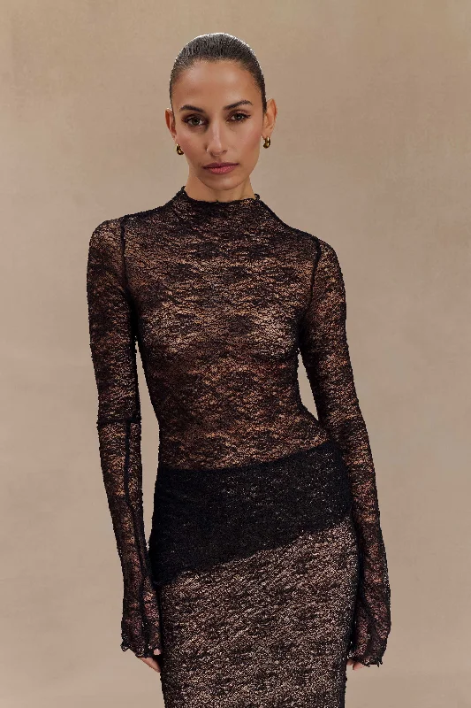 Riley Sheer Lace Long Sleeve Top - Black Bold Women's Statement