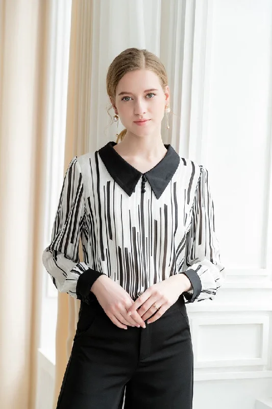 Printed Blouse W/ Contrast Collar Trendy Women's Oversized