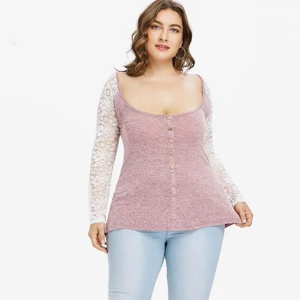 ANALUKE Buttons Lace Panel Top Long Sleeve T-Shirt Sleek Women's Metallic