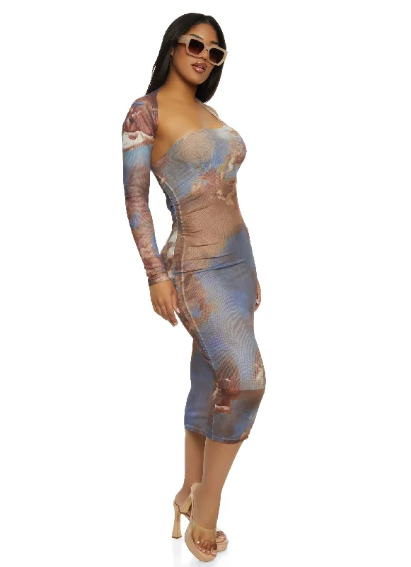 Printed Mesh One Shoulder Midi Dress Relaxed Women's 