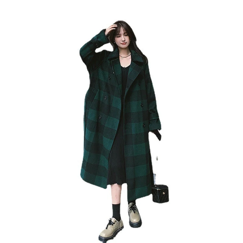 French Green Plaid Woolen Coat Is Lightly Cooked And Loose And Slim Trendy Women's 