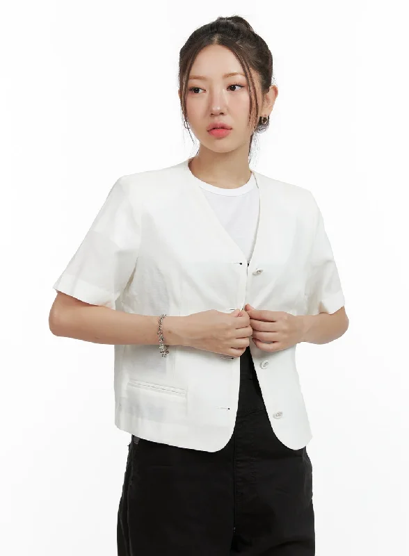 V-Neck Linen Blazer OL408 Cozy Women's Sherpa - lined