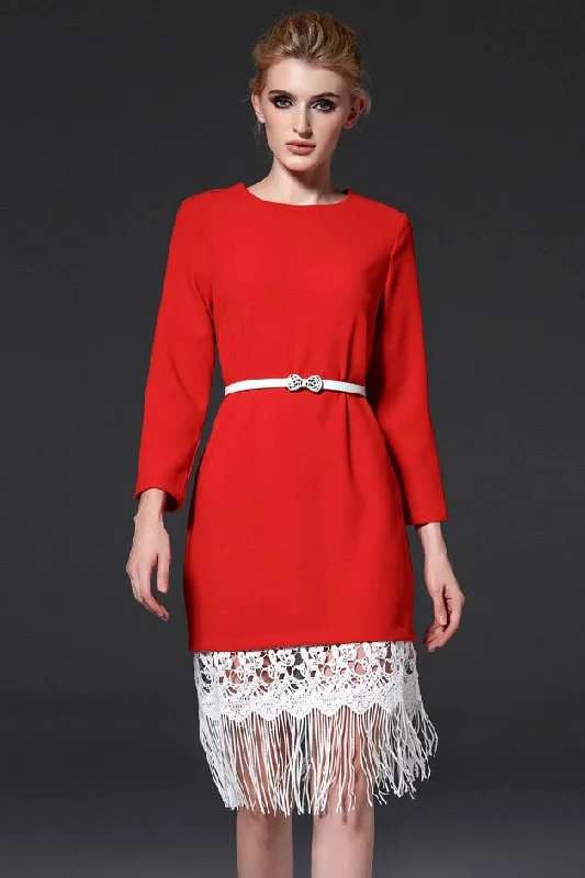 Red Dress With Fringe Hem Minimalist Women's Casual