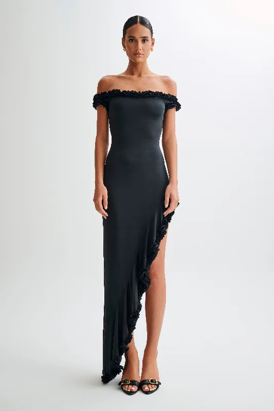 Arielle Off Shoulder Ruffle Midi Dress - Black Laid - back Women's Vibe