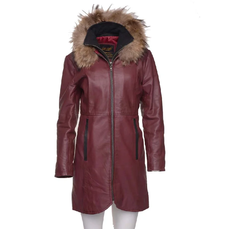 Hannah's Burgundy 3/4 length Double breasted leather jacket with real fox fur hoodie Business