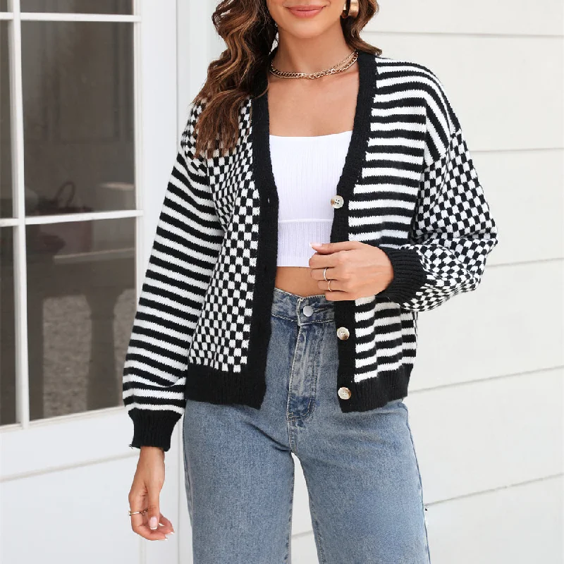 Knit Plaid Stitching Stripe Button Up Cardigan Sweater Wholesale Women'S Top Scandinavian Knit Plaid Stitching Stripe Button Up Cardigan Sweater Wholesale Women'S Top Scandinavian
