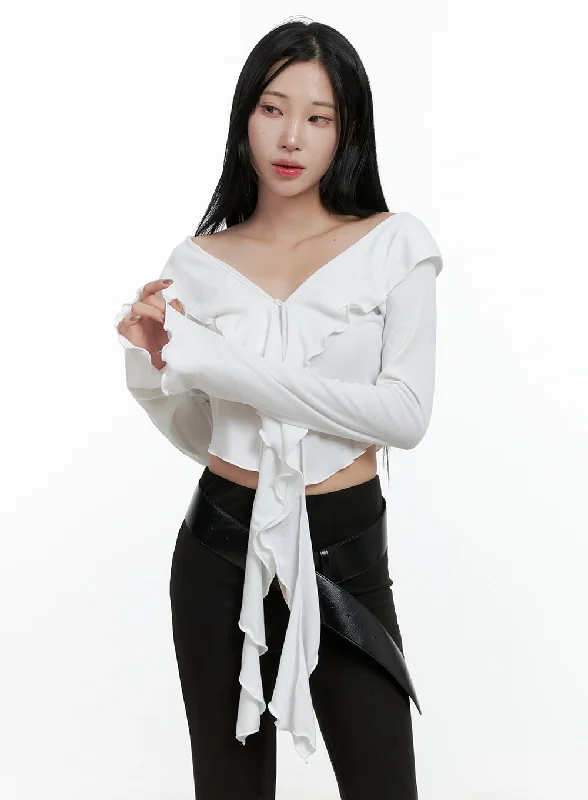 Ruffle V-Neck Long Sleeve Crop Top CN408 Sleek Women's Metallic