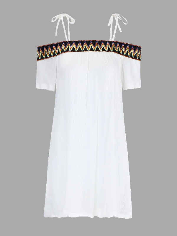 Wholesale Bateau Off The Shoulder White Mini Dress Monochromatic Office Style