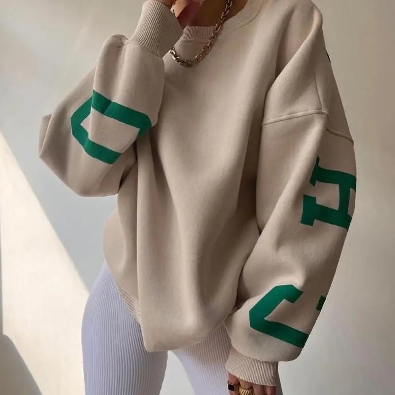 Autumn Leisure Women's Long-sleeved Crew-neck Printed Oversized Hoody Athletic Women's 