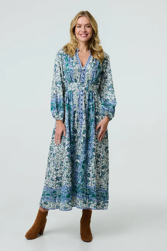 Paisley Long Puff Sleeve Empire Maxi Dress Sophisticated Women's 