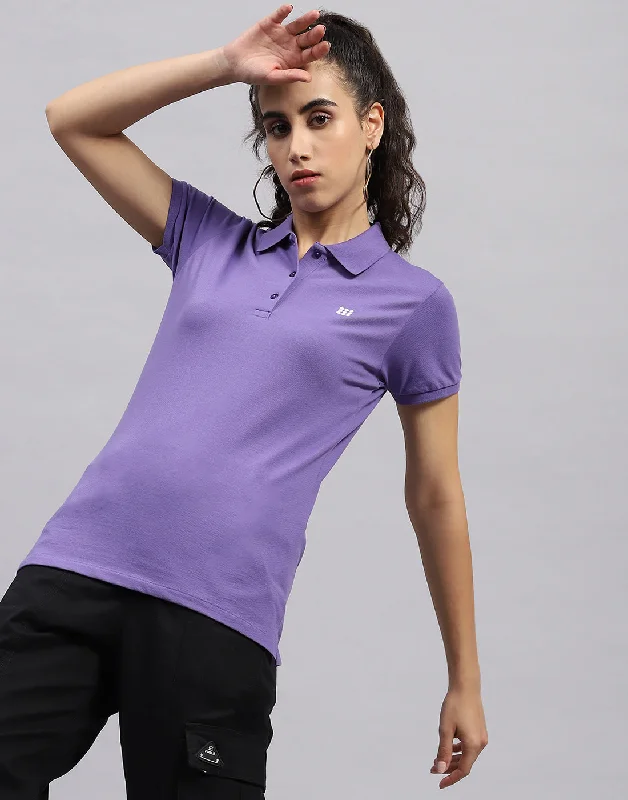 Women Purple Solid Polo Collar Half Sleeve T Shirt Elegant Women's 