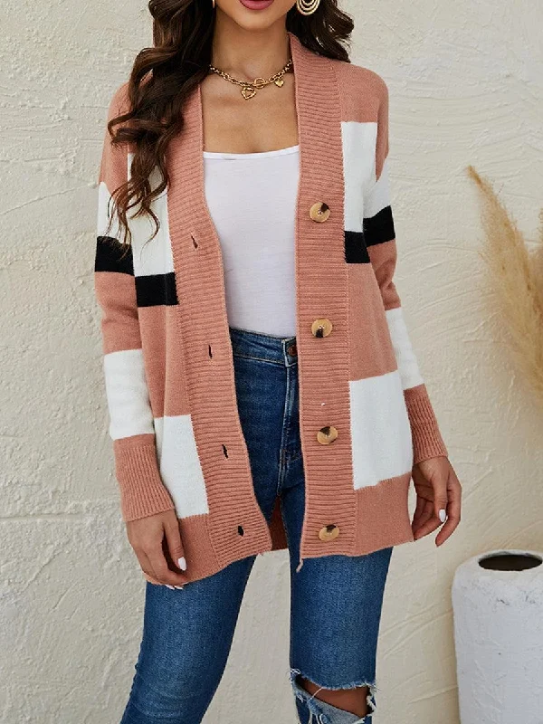 Color Block Button Down Cardigan Casual Women's Japanese 