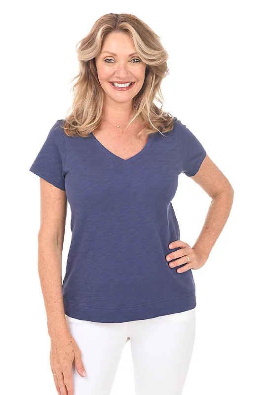 Slub Knit Short Sleeve V-Neck Tee European