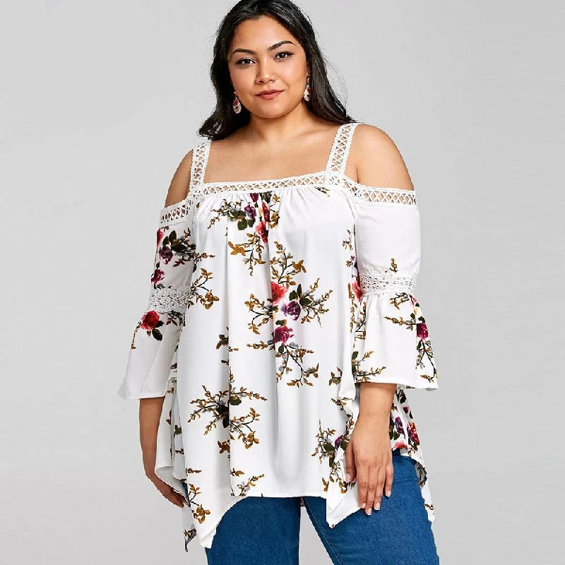 ANALUKE Plus Size Tunic Floral Long Sleeve Blouse