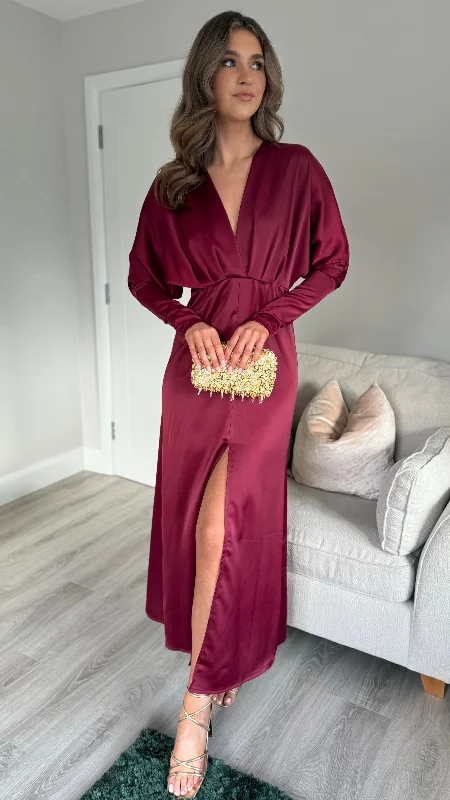Sienna Burgundy V Neck Midi Dress Casual Women's Japanese 