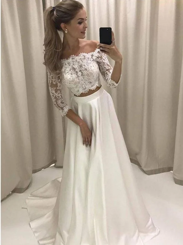 Popular Bateau 3/4 Sleeve Lace Boho Wedding Dresses Trendy Women's 
