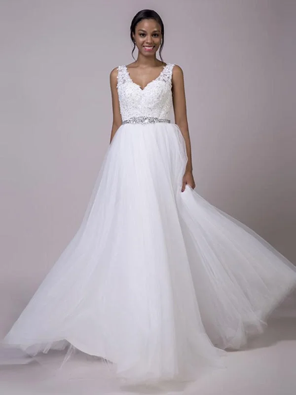 Fancy V-Neck Lace Up Sleeveless A Line Wedding Dresses Street