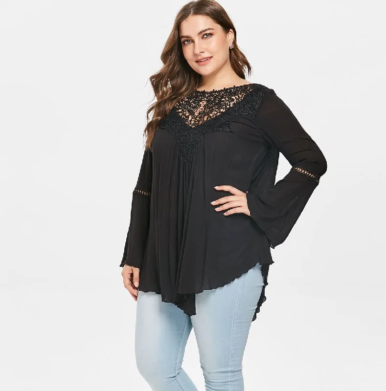 ANALUKE Asymmetrical Lace Long Sleeve Blouse