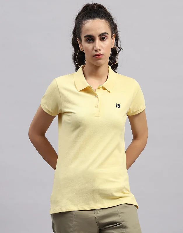 Women Yellow Solid Polo Collar Half Sleeve T Shirt Sporty Women's Tennis