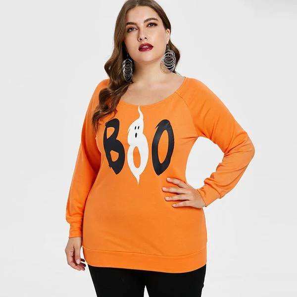 ANALUKE Halloween Letter Print Women Tops Long Sleeve T-Shirt Relaxed Women's 