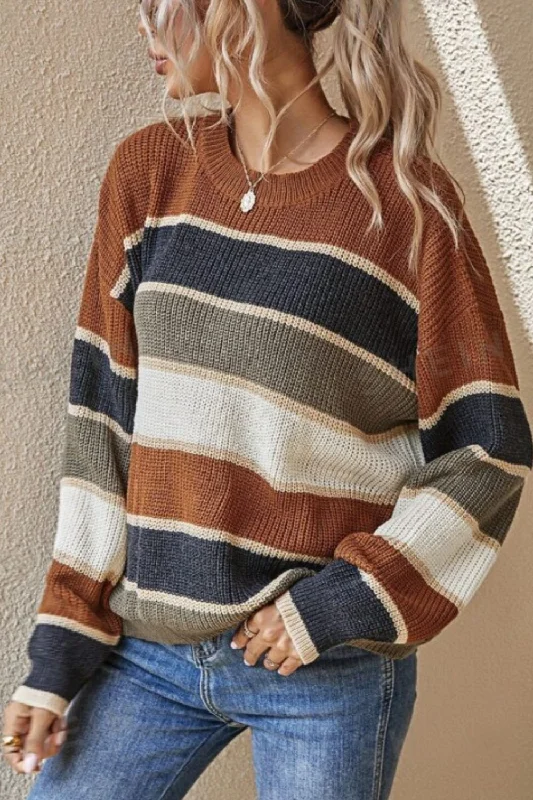 Contrast Striped Round Neck Long Sleeve Sweater | Sweaters