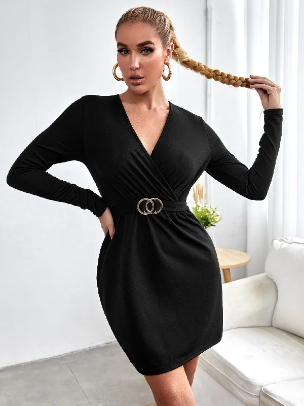 Plain Ring Long Sleeve V Neck Straight High Waist Short Dress