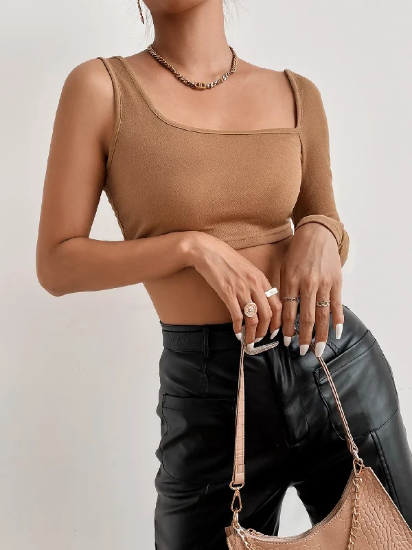 Casual Plain Long Sleeve Asymmetrical Neck Crop Women Top