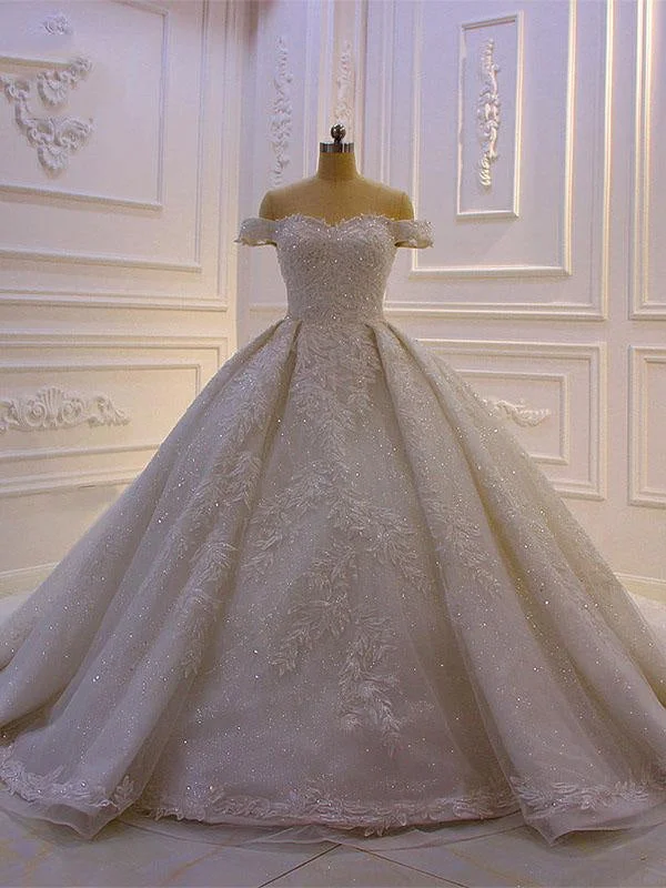 Luxury off-the-Shoulder Lace-Up Ball Gown Wedding Dresses with Train Relaxed Women's 