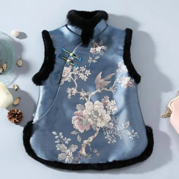 Floral Brocade Fur Edge Cheongsam Top Chinese Wadded Waistcoat Vest Women
