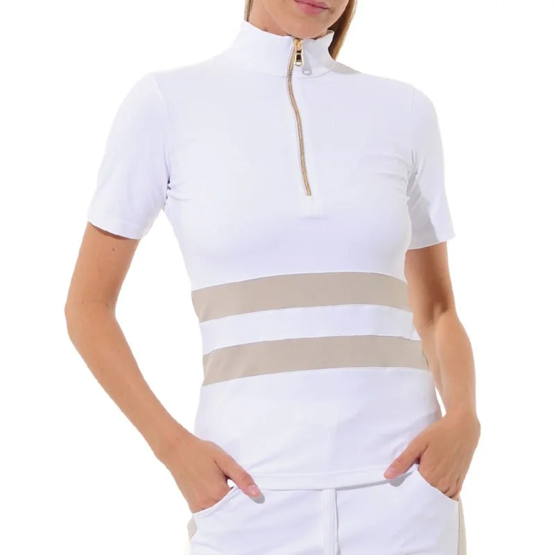 MDC S/S Zip Mock Neck Top - White/Taupe Modern Women's 