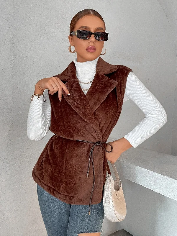 Casual Plain Belted Sleeveless Lapel Regular Women Coat