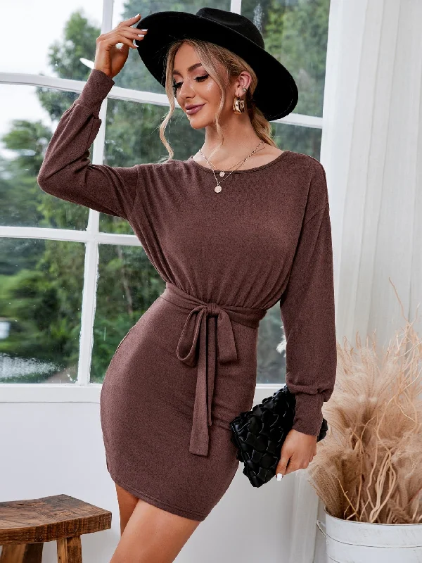 Plain Belted Long Sleeve Round Neck Pencil Natural Short Dress Sporty Women's Athleisure Plain Belted Long Sleeve Round Neck Pencil Natural Short Dress Sporty Women's Athleisure
