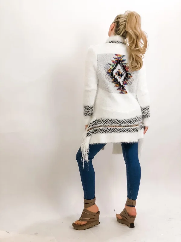 Ivory/Multi Aztec Print Cardigan Artistic Women's Hand - painted