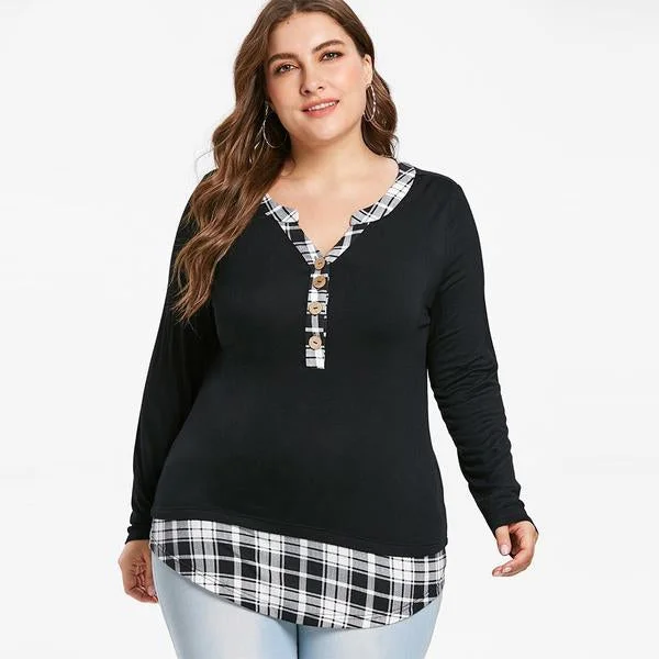 ANALUKE Checked Curved Buttons Long Sleeve T-Shirt Confident Women's Power
