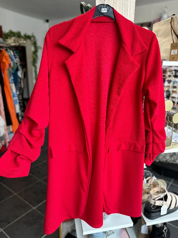 Red longline ruched sleeve blazer