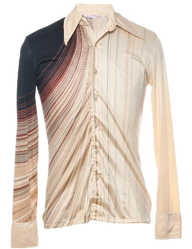 1970s Striped Off-White & Brown Shirt - S Artistic Women's Hand - painted