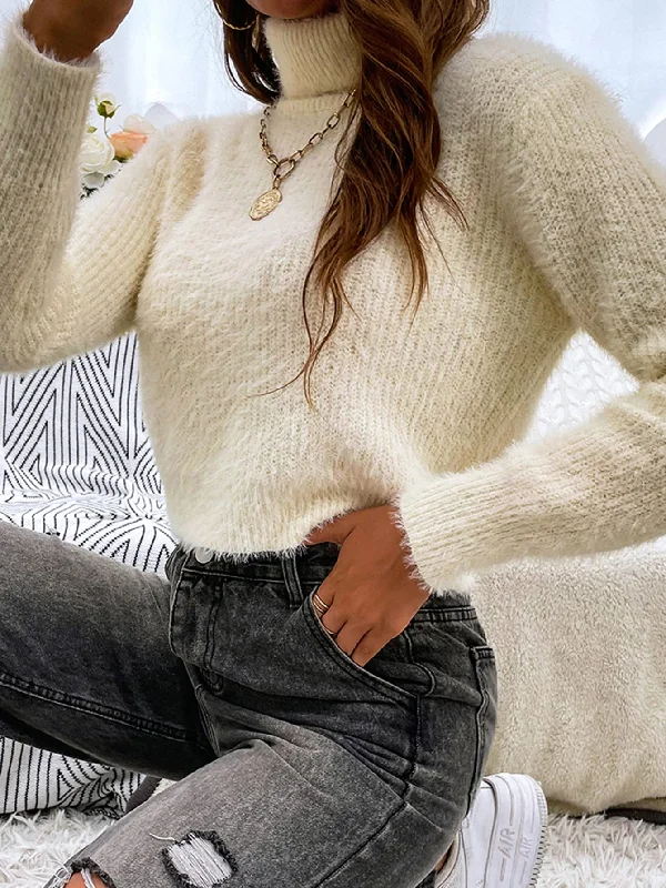 Casual Plain Long Sleeve High Neck Crop Women Sweater Laid - back Women's Vibe