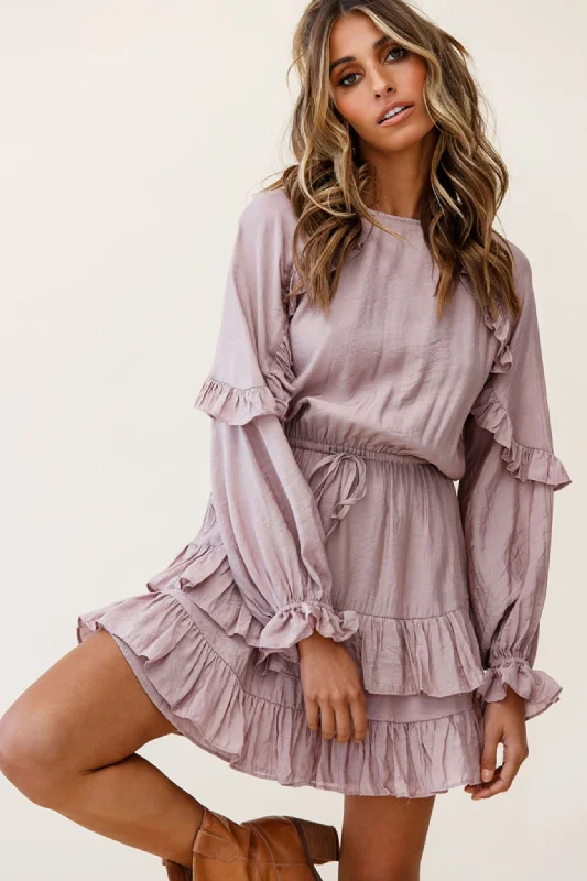 Best Wishes Long Sleeve Frill Detail Dress Mocha Youthful Women's Pop