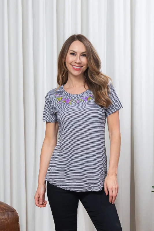 Nautical Striped Relaxed Fit Short Sleeve Jewel Neck T-Shirt Top with Floral Embroidery Trimmed Neckline (SK183354) Monochromatic All - in - one