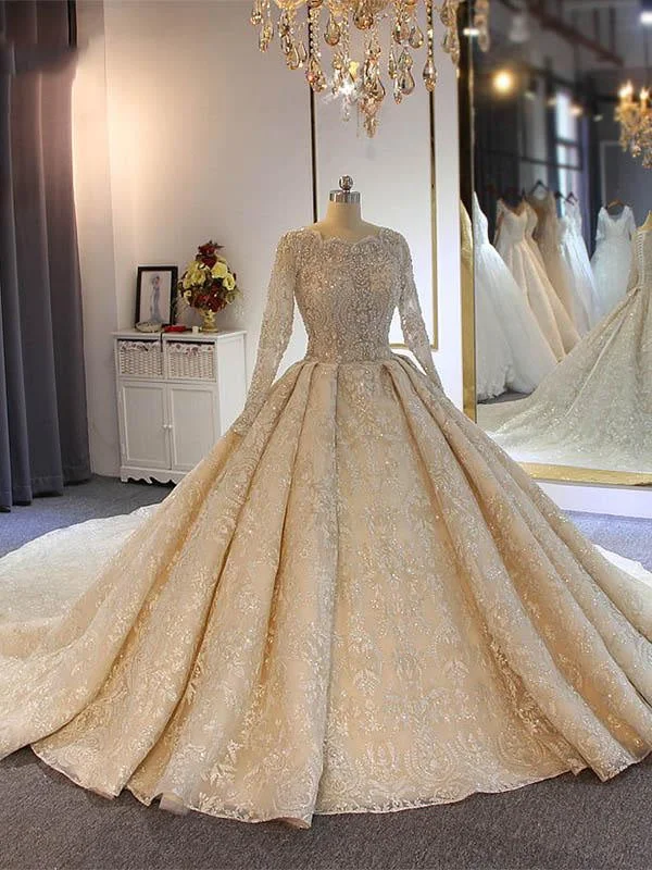 luxury Full Lace Beading Long Sleeves Ball Gown Wedding Dresses Modern Women's 