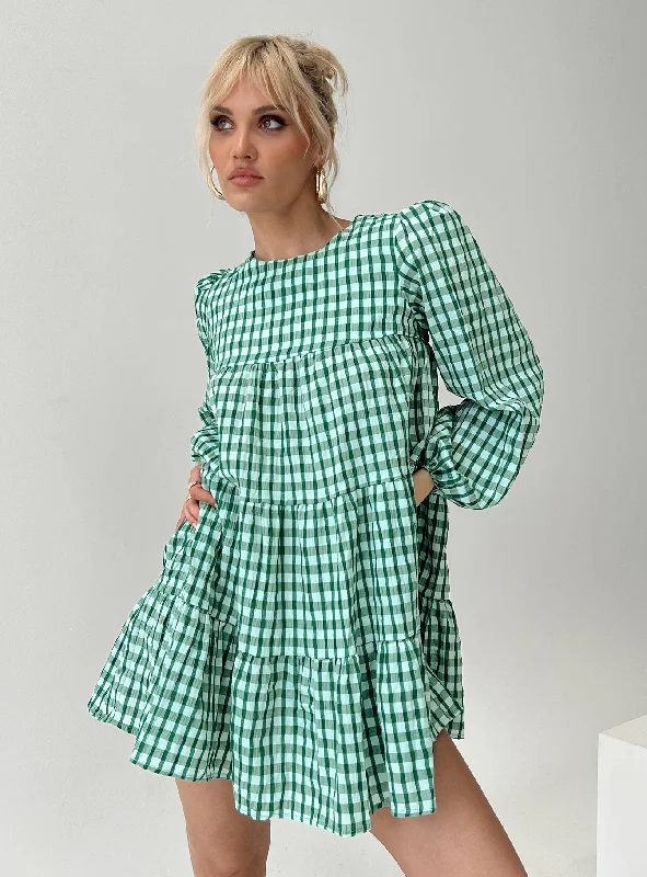 Miami Long Sleeve Mini Dress Green Check Dapper Women's Bow - adorned