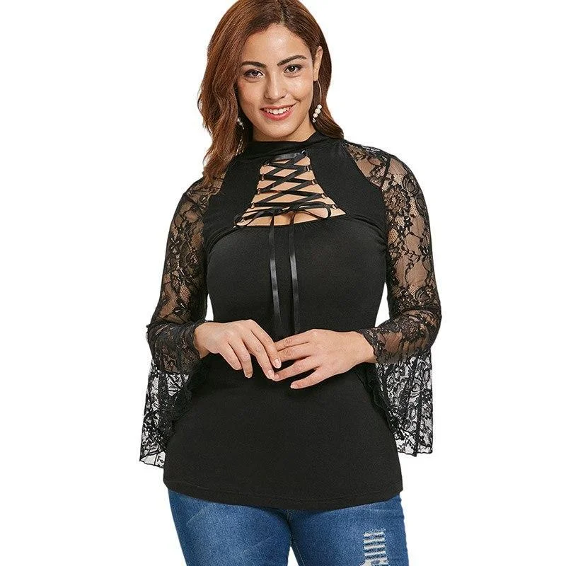 ANALUKE Lace Insert Cut Out Long Sleeve T-Shirt Women