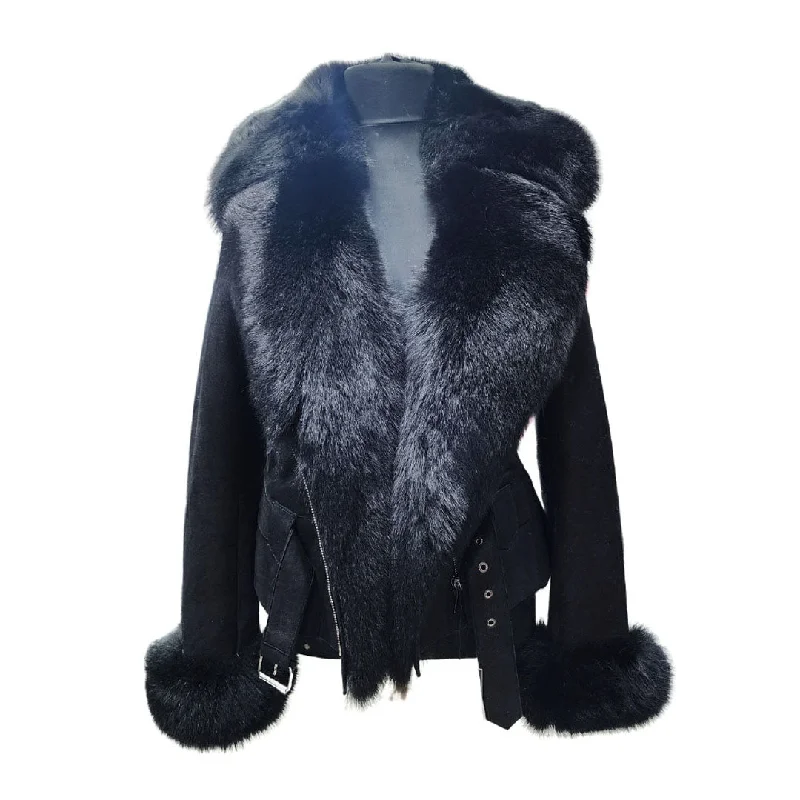 Azalea shearling jacket with large fox fur Tough Women's Military - inspired