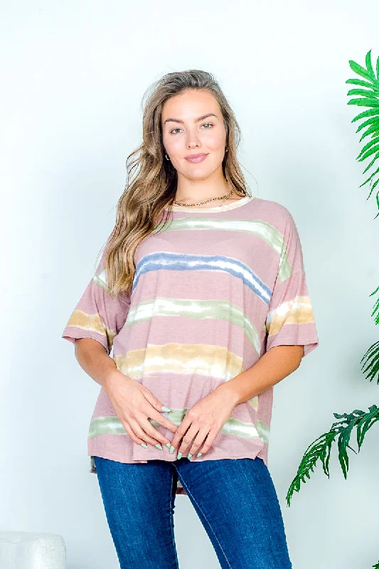 Soft Touch Drop Shoulder Multi Color Paint Stripe Print Short Sleeve Tee (HT10982) Trendy Women's Soft Touch Drop Shoulder Multi Color Paint Stripe Print Short Sleeve Tee (HT10982) Trendy Women's